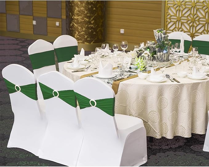 100 Pack Spandex Dark Green Chair Sashes for Wedding - Stretch Chair Bows Bands with Buckle for Party Birthday Banquets Engagement Christmas Events Decorations