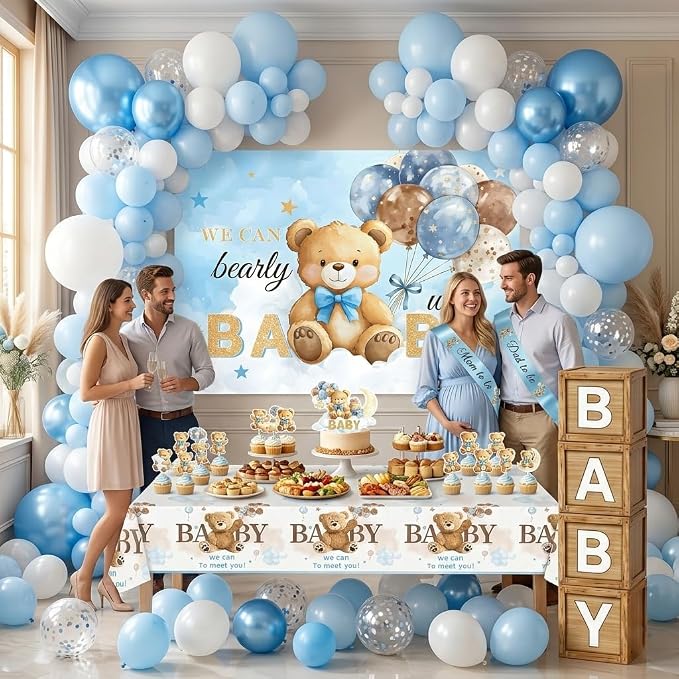Bear Baby Shower Decorations, 140 PCS We Can Bearly Wait Baby Shower Party Supplies with Backdrop, Tablecloth, Cake Toppers, Balloons, Sash, Boxes, Blue Baby Them Party for Boy Baby Shower Decorations