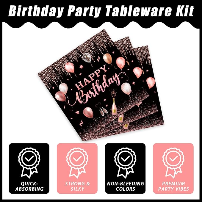 Kepeel 96 Pcs Rose Gold Birthday Plates and Napkins Party Supplies for Women Paper Pink Girls Glitter Happy Birthday Party Disposable Tableware Set Decorations Favors, Serves 24