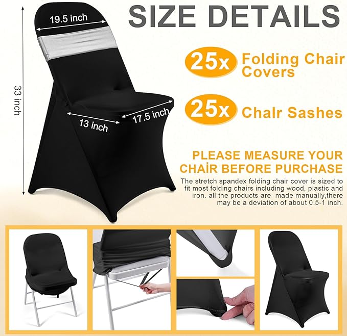 Preboun 50 Pack Folding Chair Cover Set with 25 Spandex Chair Slipcovers 25 Sequin Chair Sashes Bow Washable Chair Protector Chair Cover for Party Wedding Banquet Event (Black, Silver)