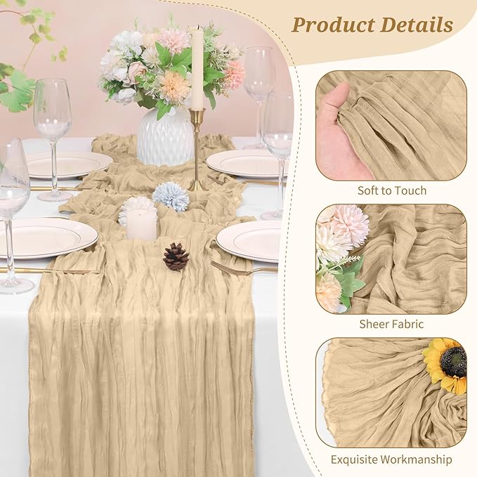 20 Pack Cheesecloth Table Runner Beige, Rustic Boho Gauze Fabric Table Runner Romantic Table Runner for Wedding, Festival, Birthday, Anniversary, Dinner and Outdoor Events (17.7 x 108 inch)