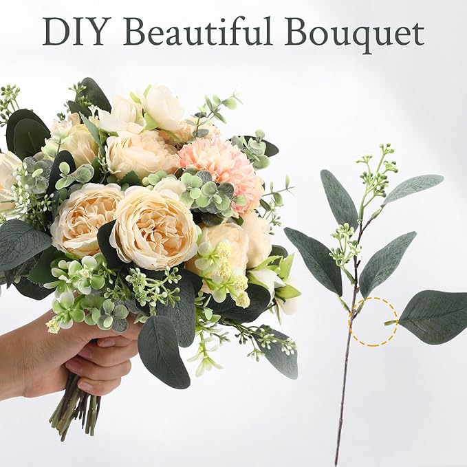 Janinka Mixed Eucalyptus Leaves Stems Bulk with White Seeds Artificial Silver Dollar Leaves Sprays Faux Oval for Wreath Garland Floral Bouquets Arrangement Wedding Greenery Decoration (10)