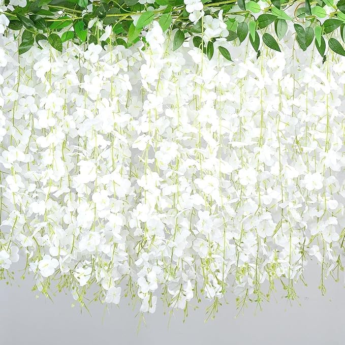 BSMYBO 60 Branches Wisteria Hanging Flowers White Artificial Wisteria Hanging Flowers Garlands Vine for Wedding Arch Party Ceremony Home Garden Backdrop Wall Decoration (4 Pack)