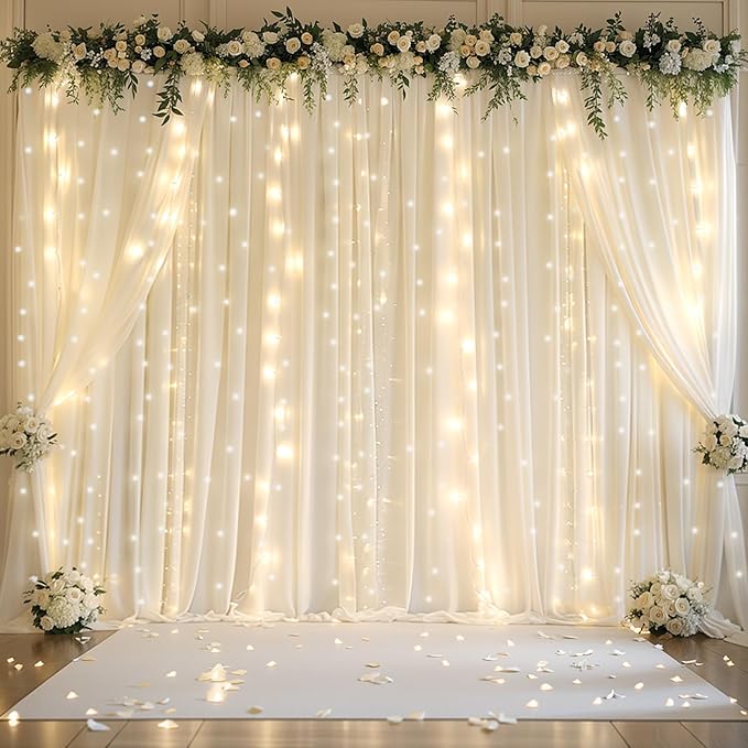 20ft x 10ft Ivory Chiffon Backdrop Curtain with Lights String for Parties,4 Panels Sheer Tulle Curtain Wedding Backdrop for Baby Shower Birthday Party Ceremony Reception Home Decorations