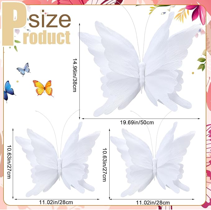 3 Pcs 3D Large Hanging Butterfly Decorations Large Butterfly Birthday Party Decorations 3D Crepe Paper Decoration for Wedding Party Birthday Baby Shower Garden(White,11inch,20 Inch)