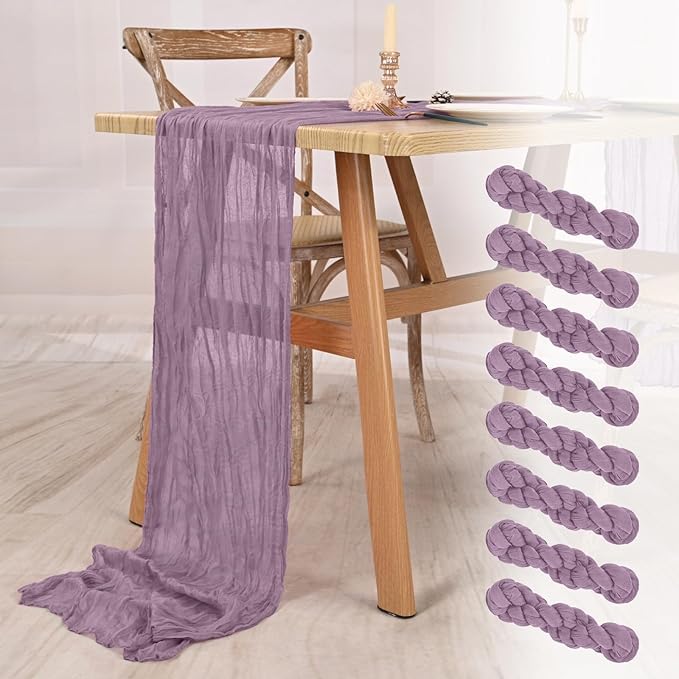 8 Pack Purple Cheesecloth Table Runner 10FT Boho Gauze Cheese Cloth Table Runner Rustic Sheer Fabric Table Runners for Wedding Bridal Shower Baby Shower Party(21.5×120 Inch)