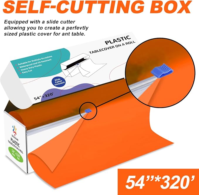 54IN X 320FT Plastic Table Cover Roll with Cutter Box, Cut to Size Plastic Table Cloths for Parties, Birthday, Disposable Tablecloth Roll for All Shape Tables (Orange, 54 Inch X 320 Feet)