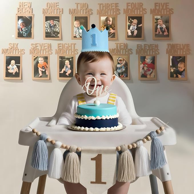 Baby First Birthday Party Decorations First Highchair Banner For Baby Boys Blue High Chair Banner Crown Cake Topper Baby Photo Banner 1st Birthday Photo Backdrop (Blue)