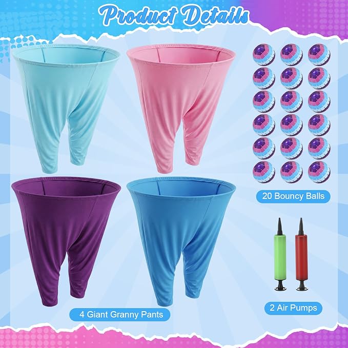 26 Pcs Granny Pants Outdoor Game Set, 4 Giant Pants with 20 Bouncy Balls & 2 Pumps Yard Funny Toss Relay Backyard Game for Adults Family Beach Party Favor