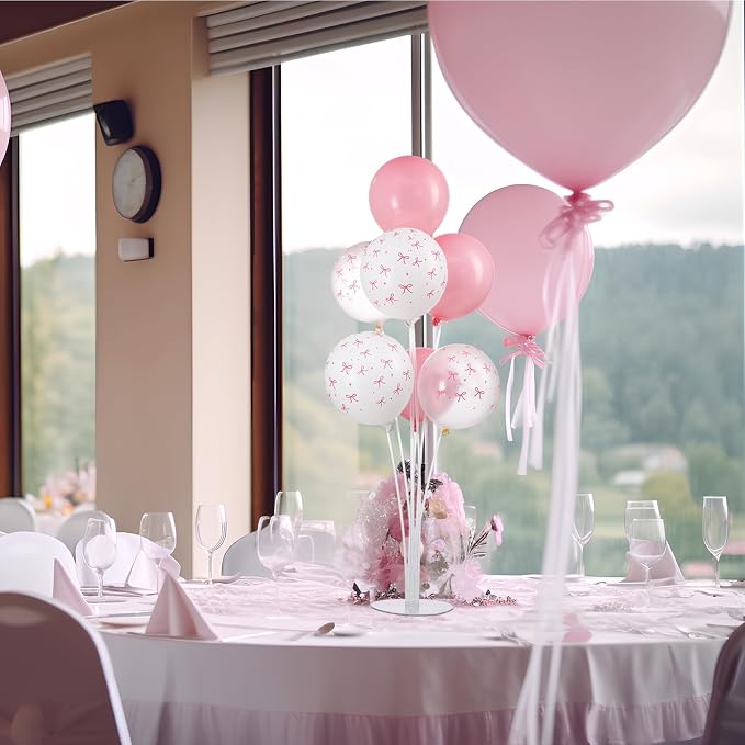 VioraWhite 8 Set Balloon Stands Kits, Sticks Holder with Base and Balloon for Table Centerpieces Party Decoration for Birthday Baby Shower Fiesta Carnival Wedding Graduation Party(Pink Bow)