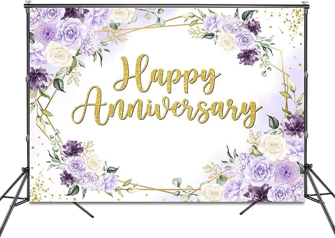 Happy Anniversary Backdrop Purple and White Flowers Anniversary Party Decorations Background Wedding Engagement Bridal Shower Banner Photo Booth Props (10x7ft)