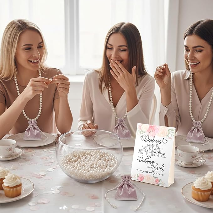Kenning 51 Pcs Bridal Shower Games Supplies Don't Say Bride or Wedding Game with 50 White Faux Pearl Necklaces Boho Wedding Game Card for Engagement Bachelorette Party Supplies(Flower)
