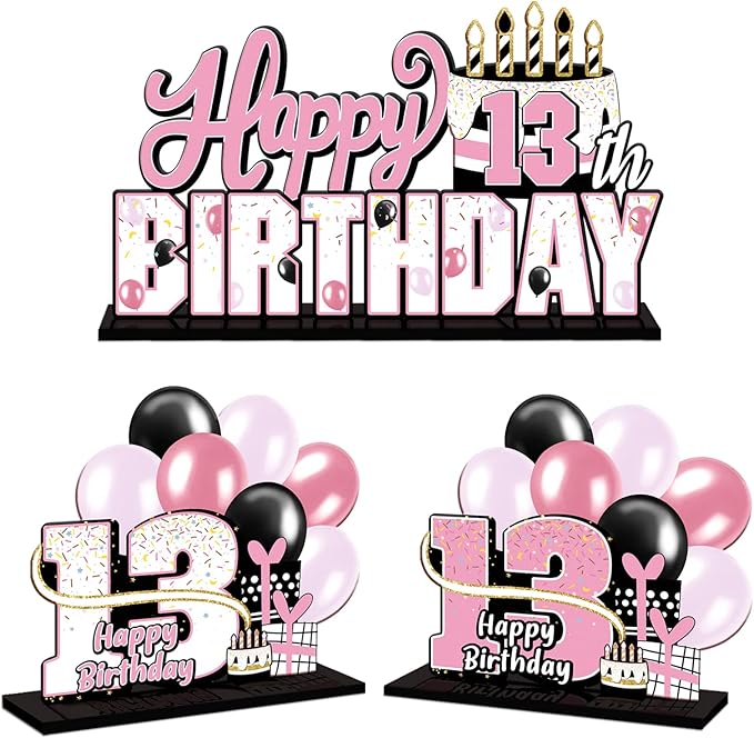 LINGTEER Happy 13th Birthday Pink Acrylic Table Topper Centerpieces Set - Cheers to 13 Years Old Birthday Thirteen Bday Party Gift Decorations.