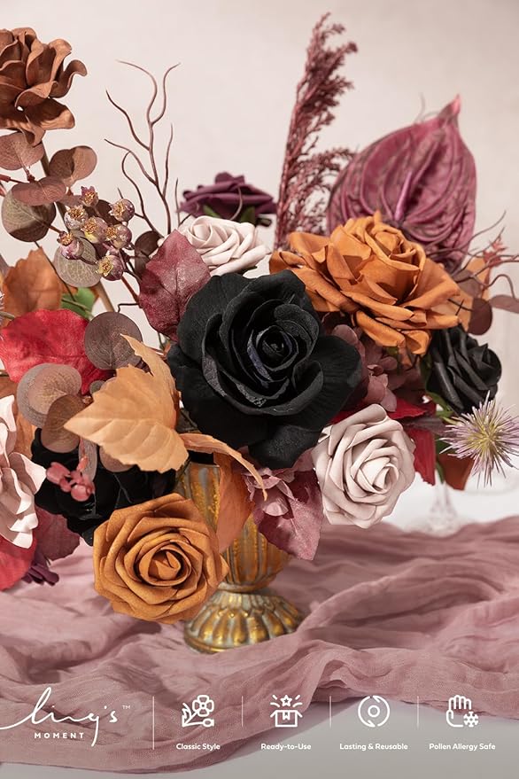 Ling's moment Fake Flowers Box, Faux Artificial Greenery Stems Foam Roses Gardenia Anthurium Silk Willow Eucalyptus Fabic Flower for Centerpieces Bouquet Vase, Black & Orange & Purple, Deluxe Combo