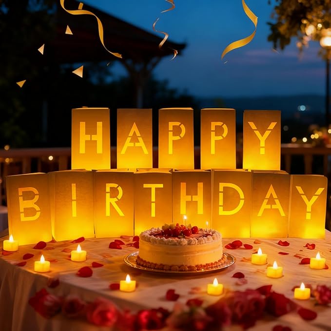 Happy Birthday Decoration for Men Women, Valentine’s Day Light Up Letters Luminary Bags with 30 Bright LED Candles, 2000 Rose Petals, 10 Balloons, Surprise Birthday Party Banner Signs