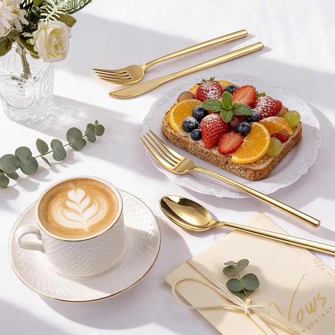 Tinybee 150PCS Gold Plastic Silverware - Heavy Duty Disposable Silverware, Luxury Gold Plastic Utensils - Elegant Disposable Utensil Include 50 Knives, 50 Forks, 50 Spoons Perfect for Party&Wedding