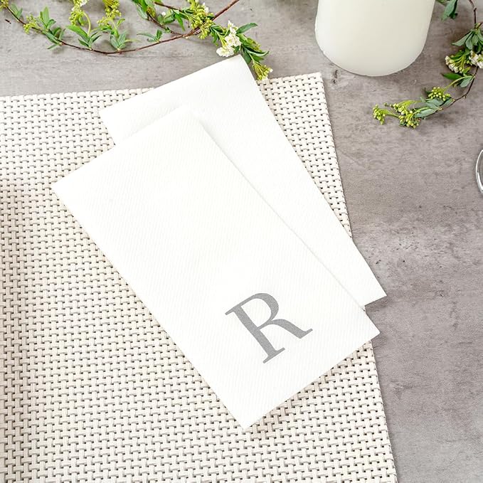 Luxenap 15.8 X 7.9 Inch Linen-Feel Guest Towels, 2000 Lettered Hand Towels - Silver Letter 'R', Sans Serif Font, White Paper Dinner Napkins, airlaid, For Restrooms And Tables - Restaurantware