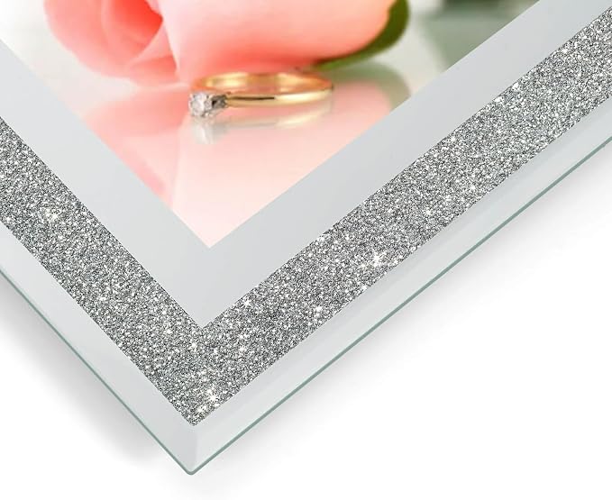 HIKWADERY 5x7 Picture Frames Silver - Set of 4, Sparkle Real Glass 5 by 7 Photo Frame Mirrored Edge Great Gift, for Tabletop Display, Wedding Birthday Mothers Day Gifts (5 x 7, Glitter Silver)