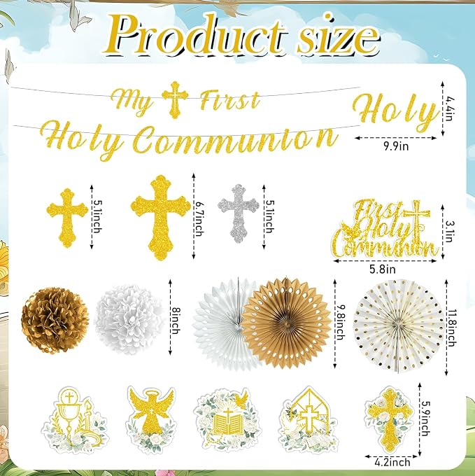 Rakuto First Communion Party Decorations, 13PCS Primera Comunion Decoracion Set with Banners Hanging Swirls Paper Fans Decoration, First Holy Baptism Cake Toppers and Paper Pom Poms Decor Supplies