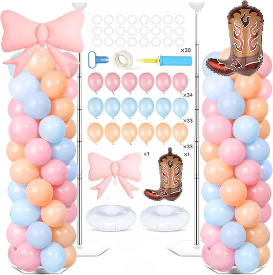 2 Sets Boots or Bows Gender Reveal Decoration Balloon Column Stand Kit with 102 Blue Pink Balloons 5.57ft Balloon Tower Stand with Base Arch for Western Cowgirl Cowboy Baby Shower Party Decor Supplies