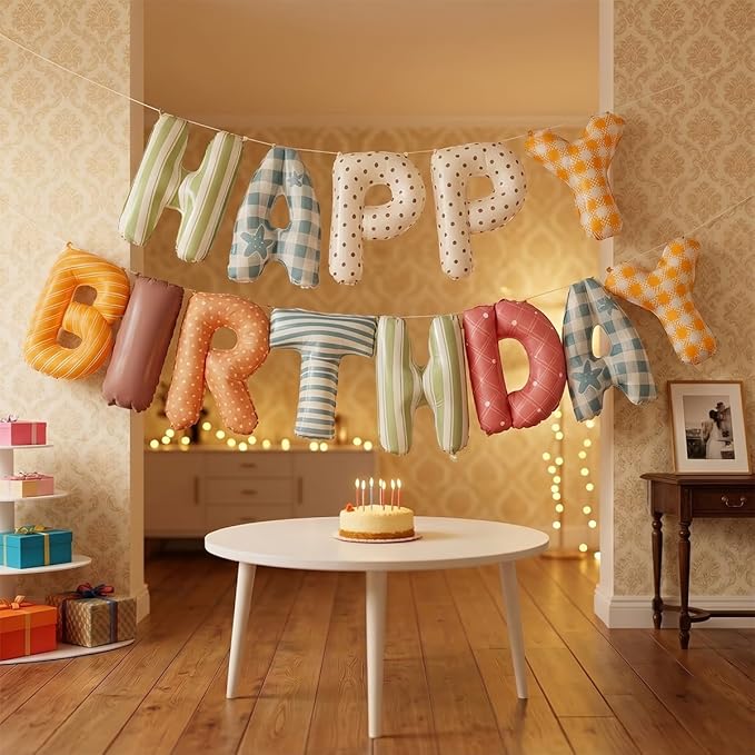 Colorful Happy Birthday Banner Foil Letter Balloon, 14 Inch 3D Plaid, Polka Dots, Stripes Patterned Reusable Mylar Foil Letters, Birthday Decorations (Birthday Banner 1)