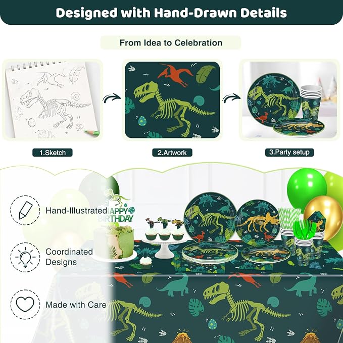 Dinosaur Birthday Decorations, Dino Party Supplies Set for Kids | Hand-Drawn Dinosaur Theme, Complete Party Kit, Easy Birthday Setup, Photo-Ready Backdrop