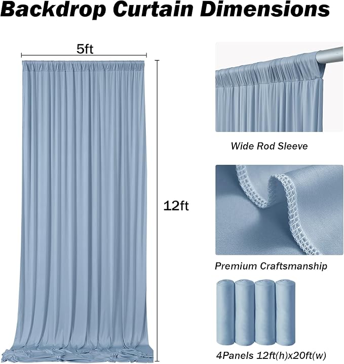20ft×12ft Dusty Blue Backdrop Curtains for Wedding Parties, 4 Panels Wrinkle Free Polyester Photo Backdrop Drapes Back Drop Cloth for Birthday Photography Background