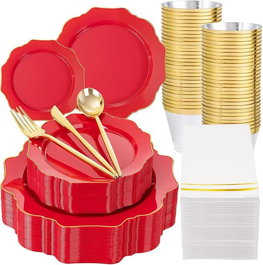 WDF 175Pcs Red Plates - Red Plastic Plates with Gold Rim - Fancy Disposable Dinnerware Sets Ideal for Party/Wedding/Spring/Mother's Day