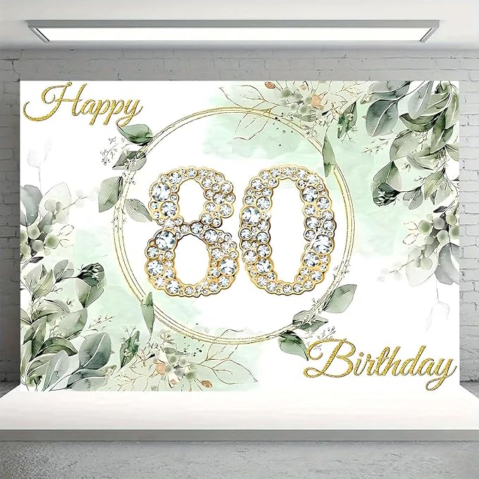 Greenery Eucalyptus Leaves 80th Birthday Backdrop Sage Green Succulent Birthday Decorations Gold Diamond Design Adult Women Men 80th Anniversary Birthday Wedding Banner (D, 5X3FT)