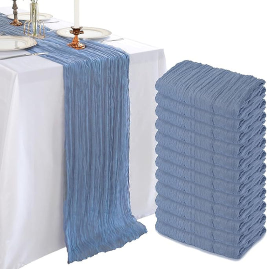 12 Pack 10FT Dusty Blue Cheesecloth Table Runner 120 Inch Long Gauze Rustic Boho Spring Cheese Cloth Table Runner Sheer Fabric Decorations for Holiday Party Wedding Banquet Bridal Baby Shower Décor
