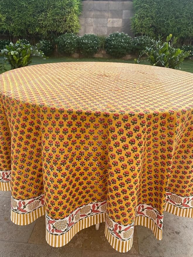 Ridhi Round Tablecloth Hand Block Print 100% Cotton Reusable Mustard Yellow 132 Inch Table Cover Decorative Everyday Use for Dining, Home, Party, Wedding, Farmhouse Gift for Spring, Mother's Day