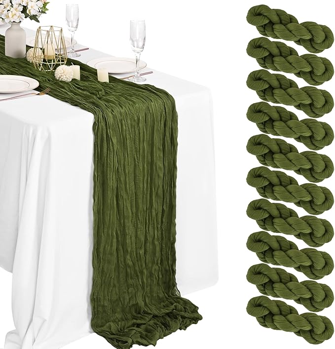 10 Packs Cheesecloth Table Runner Olive Green, 10Ft x 35" Army Green Rustic Gauze Boho Wedding Table Runner Decoration