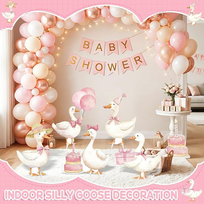 5Pcs Silly Goose Baby Shower Decorations, Pink Large Goose Cardboard Cutout Standup, Geese Birthday Party Sign for Photo Booth Props Backdrop Garden Entrance Decor Cartoon Party Supplies