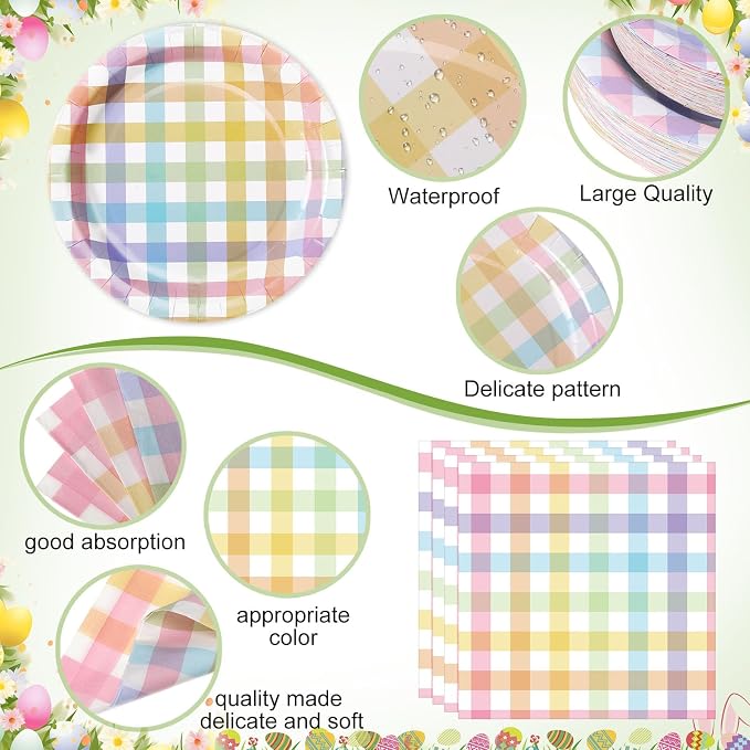 Funnymoom 400 Pcs Pastel Gingham Party Supplies for 50 Guests Pastel Pink Blue Yellow Checked Paper Plates and Napkins Cups Disposable Dinner Parties Set Cutlery for Holiday Spring Party Favor