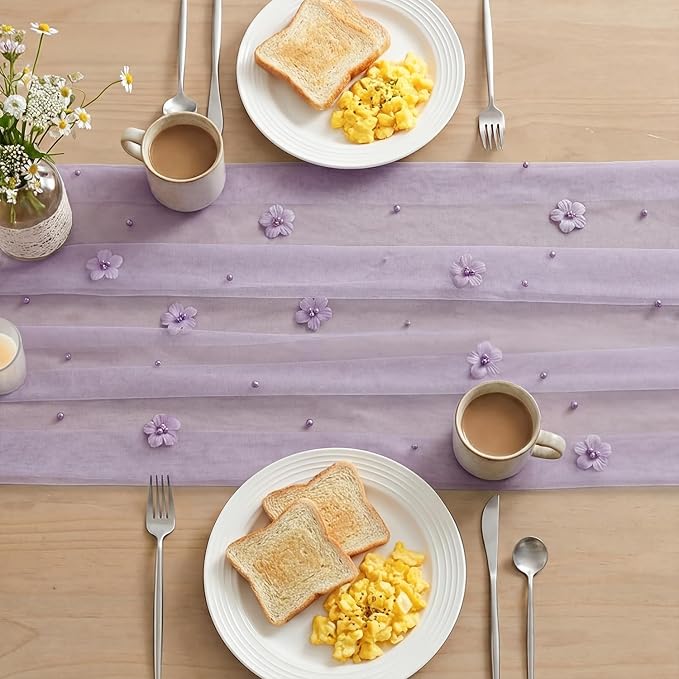 Artoid Mode Purple Flower Pearl Purple Gauze Table Runner 10FT, Seasonal Sheer Dining Holiday Wedding Birthday Baby Shower Table Decor for Home Party