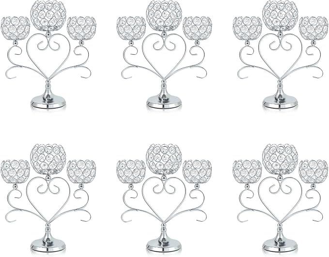 6 Pcs Silver 3-Arm Heart Tea Light Candle Holder - Crystal & Metal Wedding Centerpiece Decor, Sparkling Table Decor for Anniversaries/Romantic Tabletop Home/Dinner Party/Events