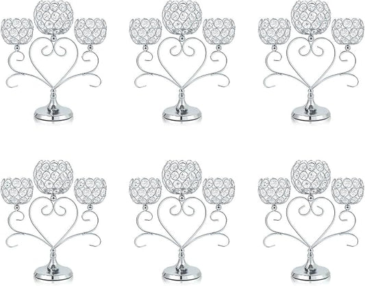 6 Pcs Silver 3-Arm Heart Tea Light Candle Holder - Crystal & Metal Wedding Centerpiece Decor, Sparkling Table Decor for Anniversaries/Romantic Tabletop Home/Dinner Party/Events