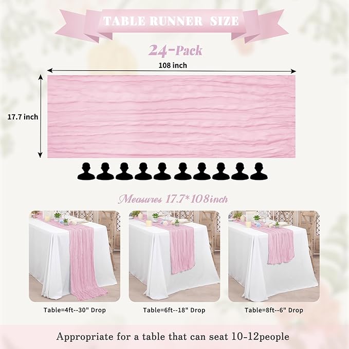 24 Pack Cheesecloth Table Runner,Light Pink Table Runner Long Romantic Semi Sheer Rustic Boho Gauze Table Runners for Wedding Bridal Shower Birthday Party Decorations(17.7×108 Inch)