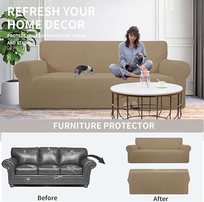 Easy-Going Stretch 4 Seater Sofa Slipcover 1-Piece Sofa Cover Furniture Protector Couch Soft with Elastic Bottom for Kids, Polyester Spandex Jacquard Fabric Small Checks Tan