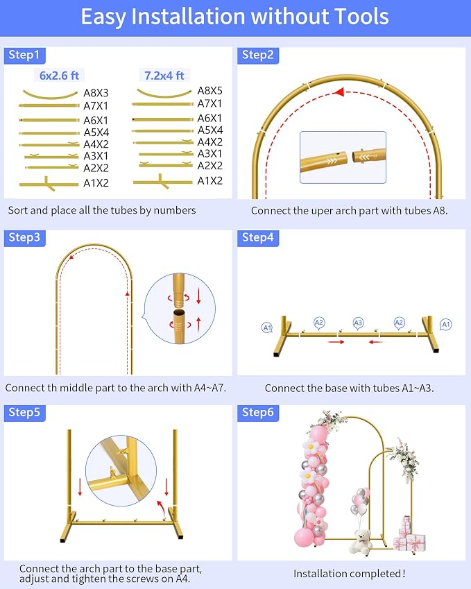 HEMMOTOP Metal Arch Backdrop Stand Set of 2 (7.2ft + 6ft), Wedding Arch Frame, Stable Background Stand with Square Base Ground Nails, for Birthday Party Baby Shower Garland Decoration, Gold