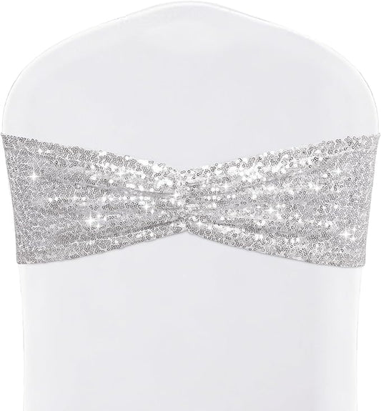 SquarePie Pack of 10 Sequin Chair Sashes Silver Sparkling Bands Decorative Bows for Wedding Banquet Party Event Decor