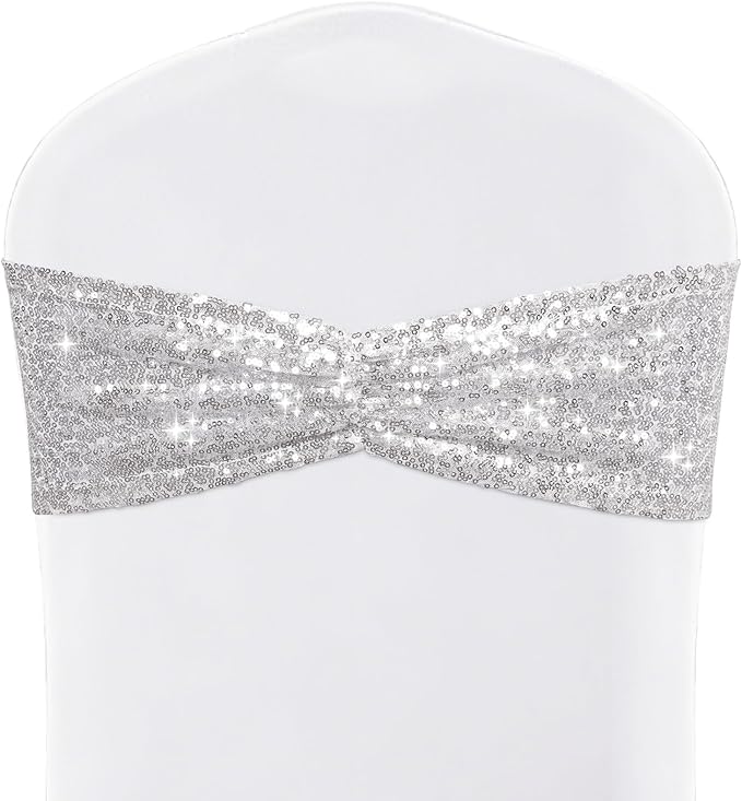 SquarePie Pack of 50 Sequin Chair Sashes Sliver Shiny Bows Bands for Wedding Banquet Party Chair Covers Decor
