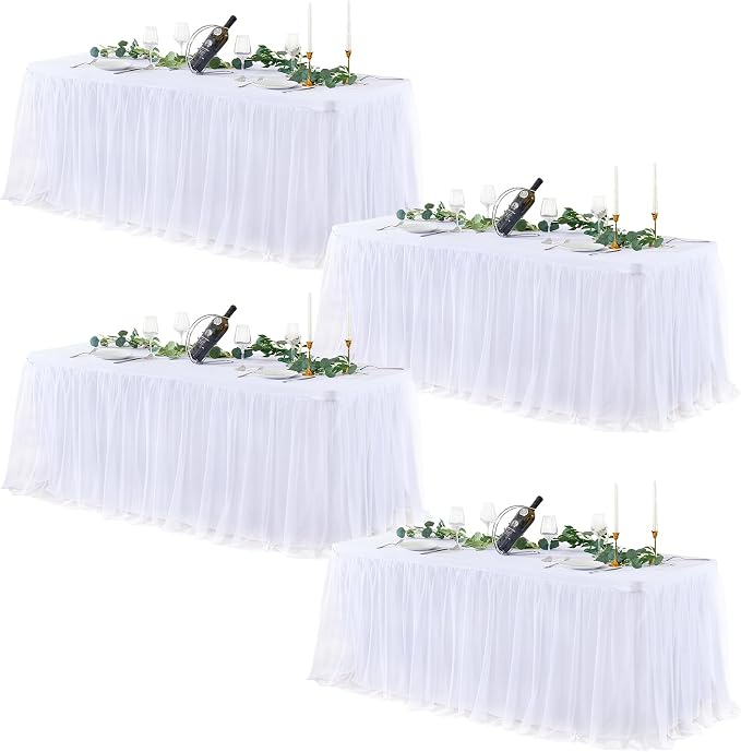 White Tulle Table Cloths for 6 Foot Rectangle Tables, White Tulle Table Skirt Table Cover 6ft Desk Skirt Party Banquet Tablecloth Baby Shower Fabric Elastic Stretch Fitted Ruffle Wedding Table Cloths