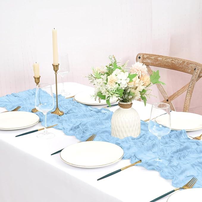 12 Pack Light Blue Cheesecloth Table Runner 10FT Baby Blue Boho Gauze Cheese Cloth Table Runner Rustic Sheer Fabric Table Runners for Wedding Bridal Shower Baby Shower Party(21.5×120 Inch)