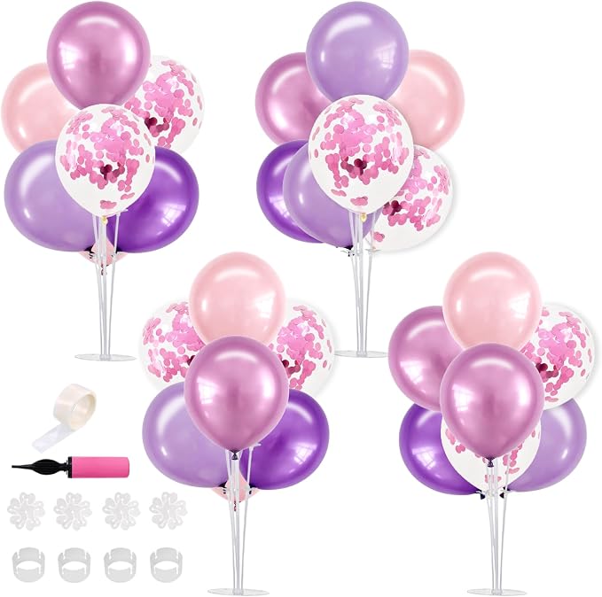 TONIFUL 4 Set Metallic Purple Pink Balloon Centerpieces for Table,Balloon Stand Kit for Kid Party Decor,Girls Birthday Decorations Wedding, Baby Shower, Graduation Decorations