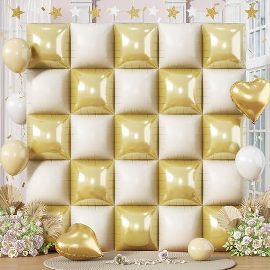 White Gold Square Foil Balloons, 25PCS Double Sided Cream Metallic Gold Square Balloons Backdrop Wall Beige Gold Elegant Balloon Background Decorations for Boho Birthday Wedding Engagement Baby Shower