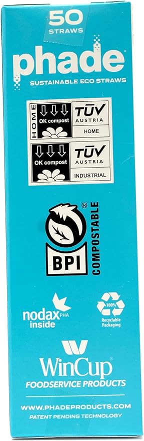 phade Eco-Friendly Sustainable Marine Biodegradable, Compostable 7.75" Jumbo Straws, Un-wrapped, 1 Box - 50 Count