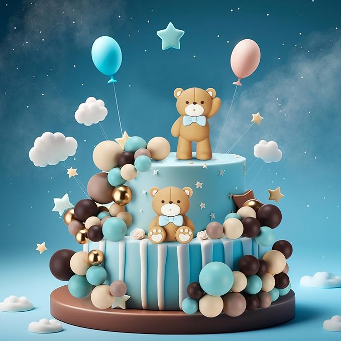 Geelin 101 Pcs Teddy Bear Ball Cake Toppers Decors Blue Brown Gold Khaki Mini Balloons Foam Balls Cake Toppers for Bear Birthday Cupcake Baby Shower Wedding Decoration