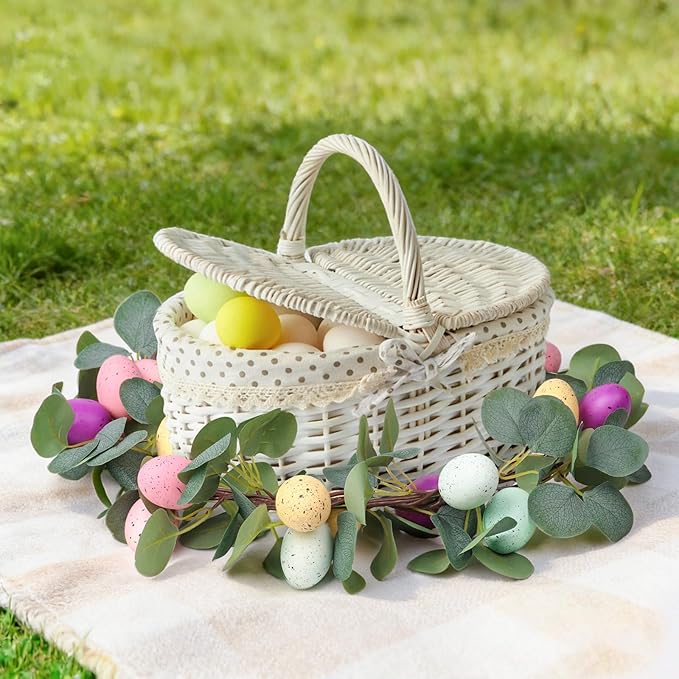 MAKHOT 2PCS 6.6Ft Easter Garland for Mantle Fireplace, Green Vines and Artificial Colored Eggs Garland Easter Decor for Home Indoor