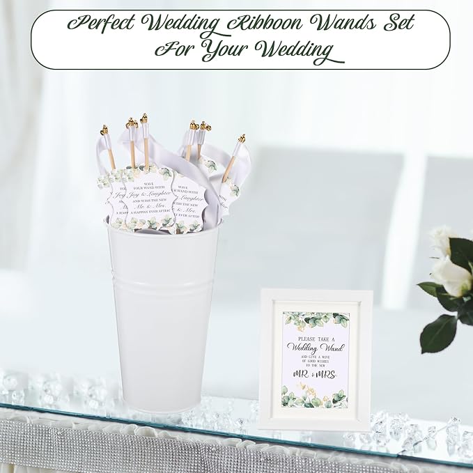 Baderke 103 Pcs Ribbon Wedding Wands with Tags and Holder Includes 1 Galvanized Metal Bucket 50 Silk Wand 50 Wedding Favor Tags 1 Wand Card 1 Photo Frame for Wedding Anniversary Bridal Decors
